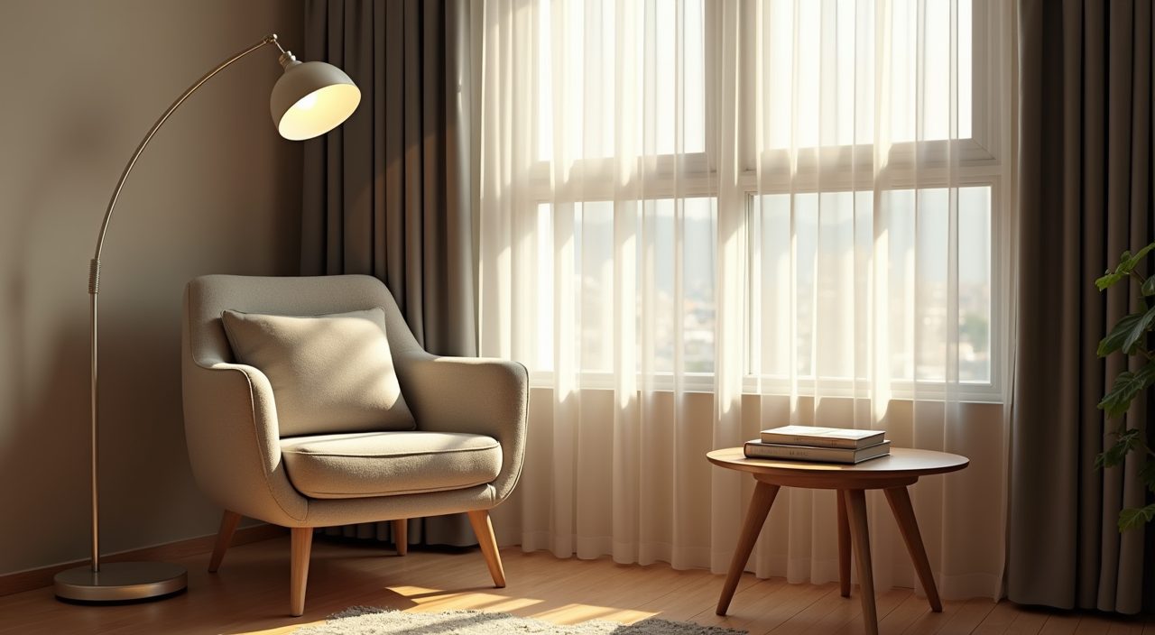 Quiet reading nook corner with an upholstered chair and floor lamp in a contemporary HDB flat