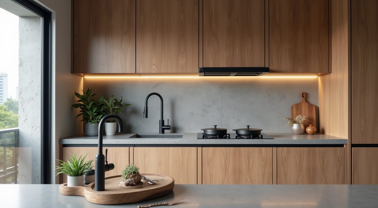 Industrial style Singapore HDB kitchen with concrete grey, matte black and warm oak three tone palette