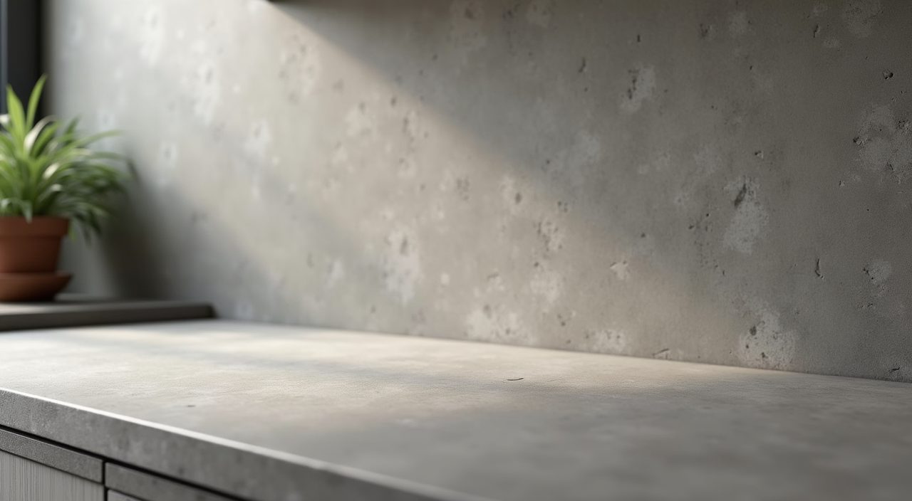Close up of seamless microcement backsplash finish in an industrial Singapore kitchen