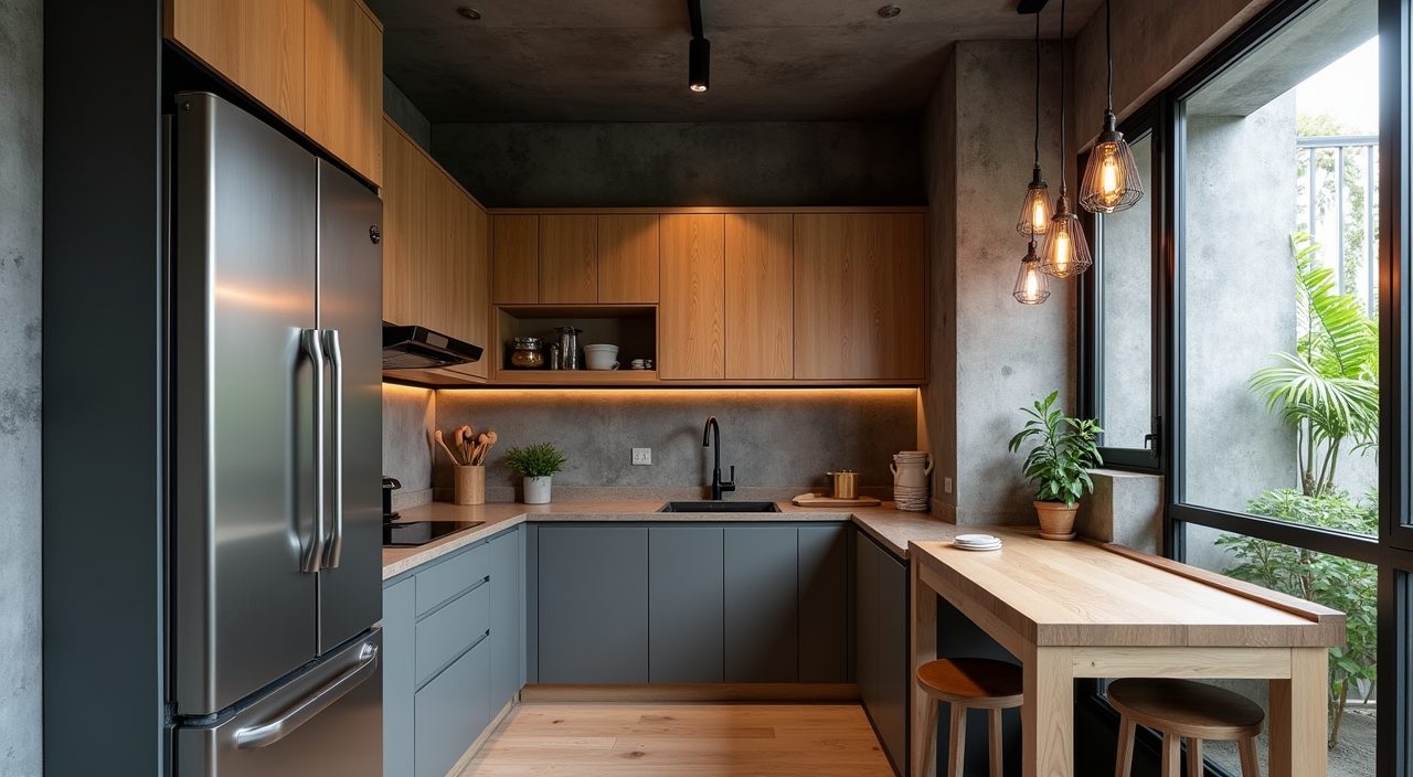 Wide mood shot of a compact industrial style HDB galley kitchen in Singapore