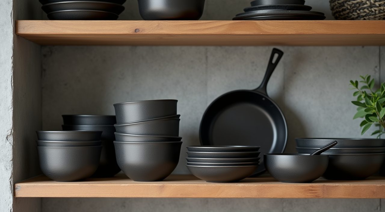 Styled open industrial shelf with ceramics, cast iron and greenery in a Singapore kitchen