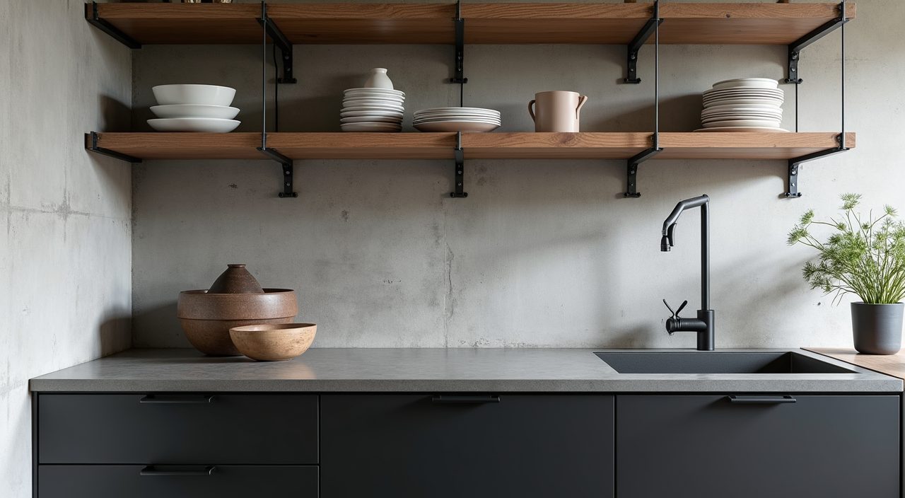 Industrial black metal bracket and timber open shelving above closed base cabinets in a Singapore kitchen