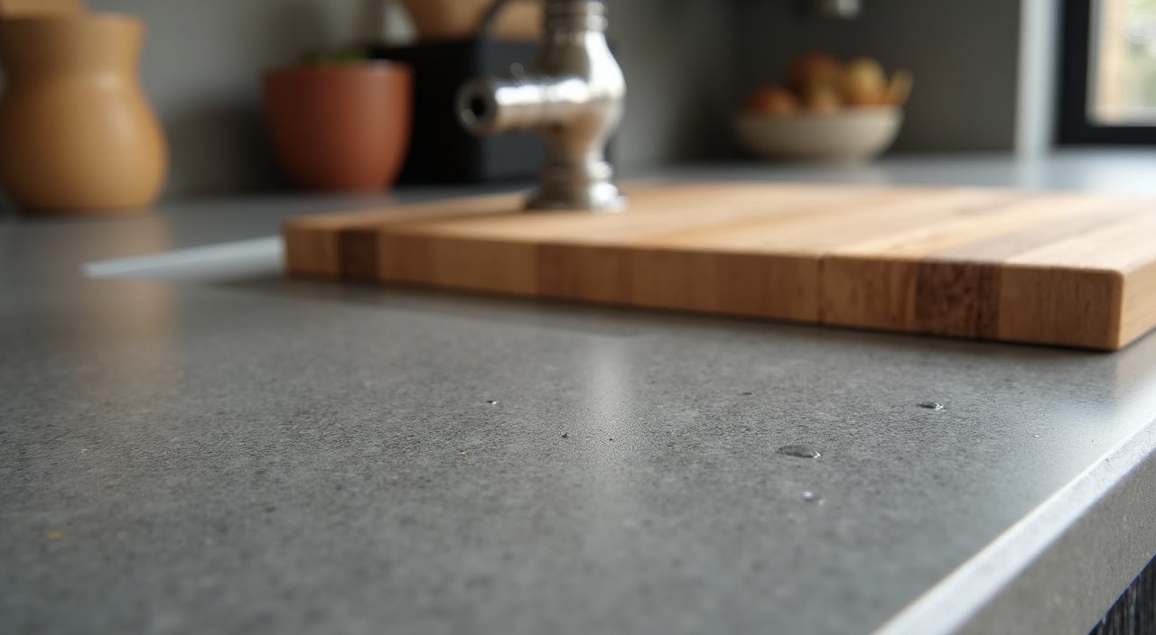 Concrete look sintered stone worktop with wood butcher block insert in an industrial Singapore kitchen