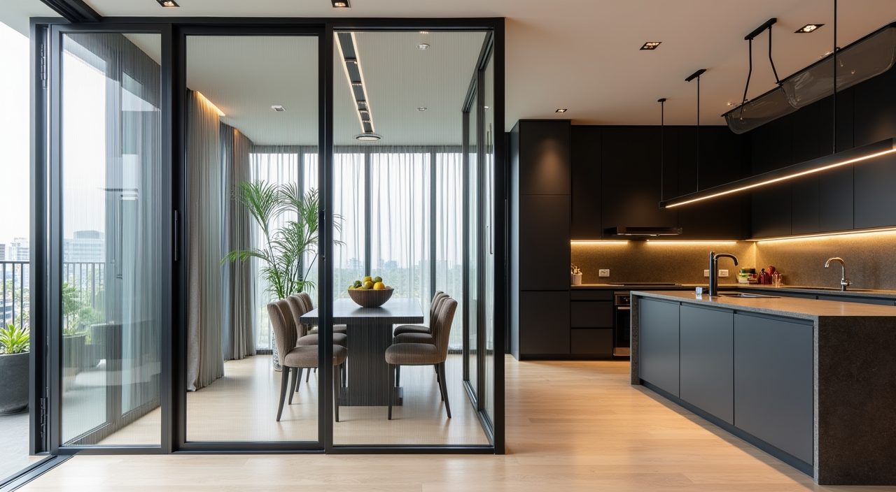 Black Crittall style glass partition between industrial kitchen and living area in a Singapore condo