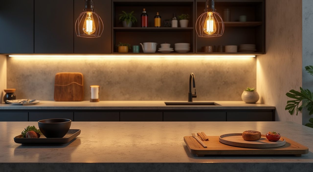 Warm cage pendant and under cabinet LED task lighting in an industrial Singapore kitchen