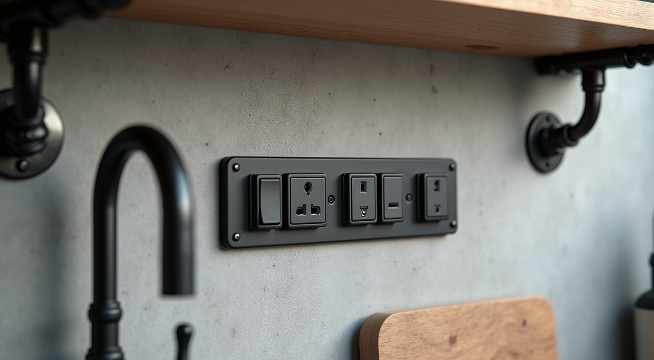 Exposed black conduit and matte black switches accent detail in an industrial Singapore kitchen