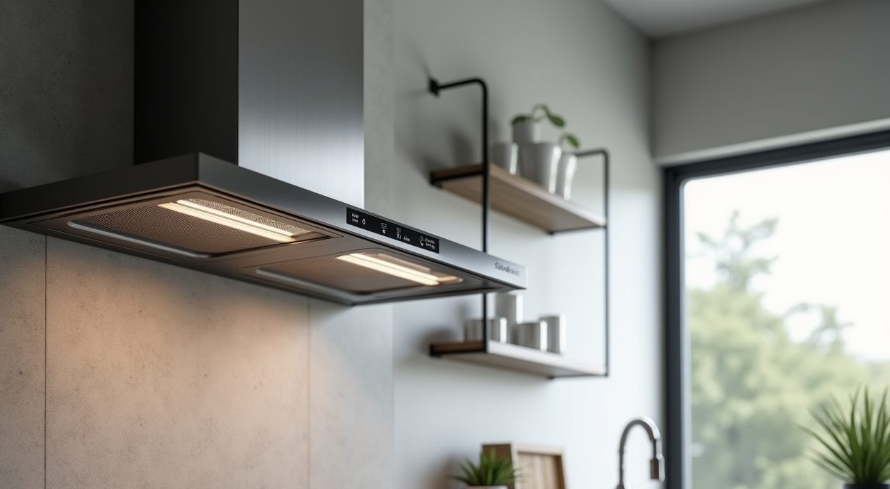 Stainless steel chimney extractor hood over hob in an industrial Singapore kitchen