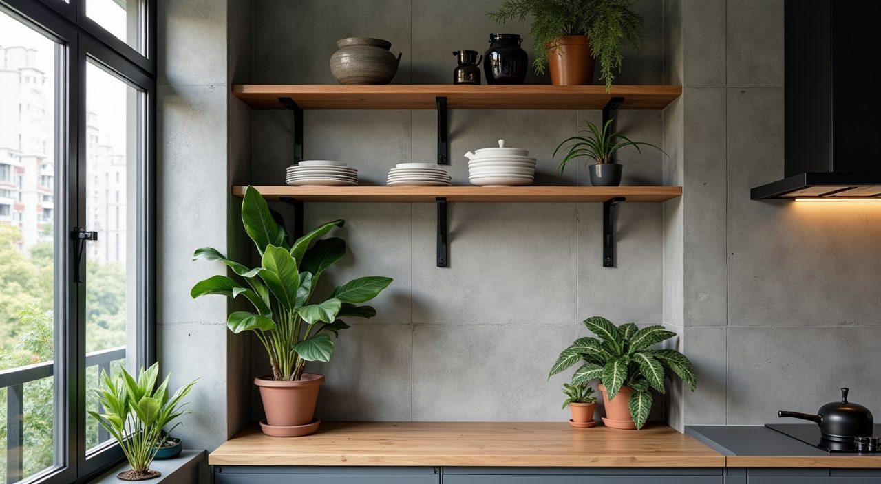 Cosy corner nook with timber shelving, concrete wall and greenery in an industrial Singapore kitchen