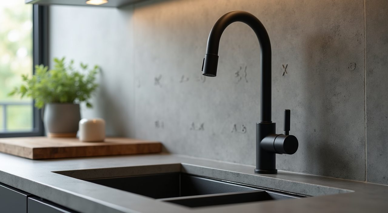 Macro detail of matte black tap and microcement backsplash in an industrial Singapore kitchen