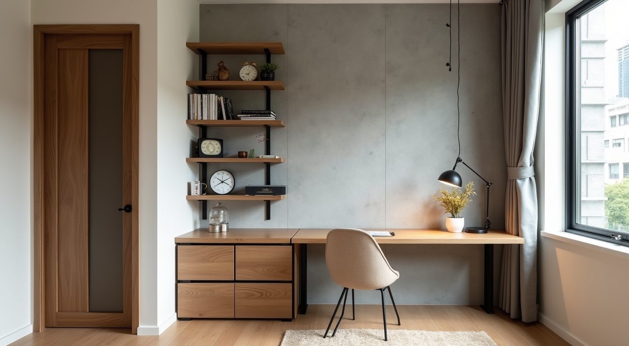 Industrial study room in Singapore with grey micro-cement feature wall and warm oak desk