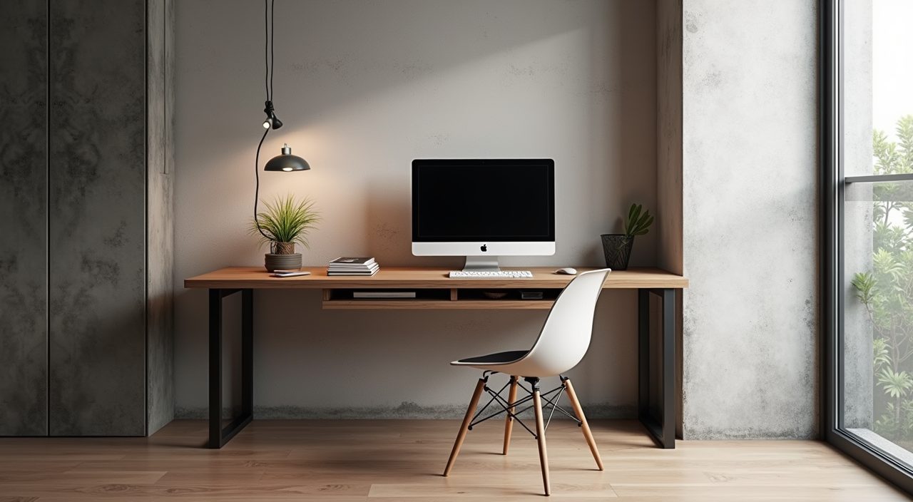 Industrial study room in Singapore with slim black steel and walnut wood desk against the wall