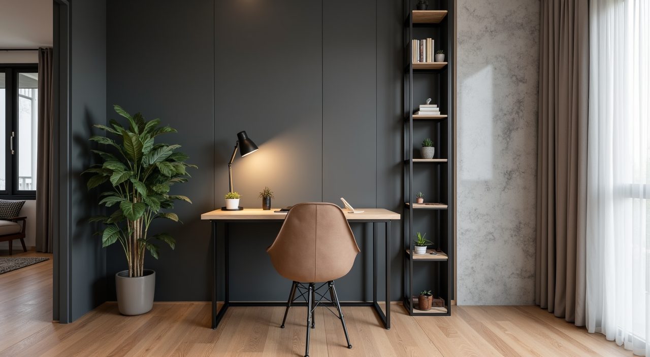 Industrial study nook in a Singapore living room corner with steel desk and dark grey accent wall