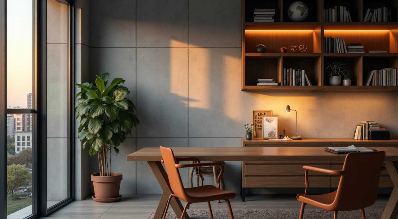 Moody industrial study room in a Singapore condo at golden hour with micro-cement wall and wood shelving