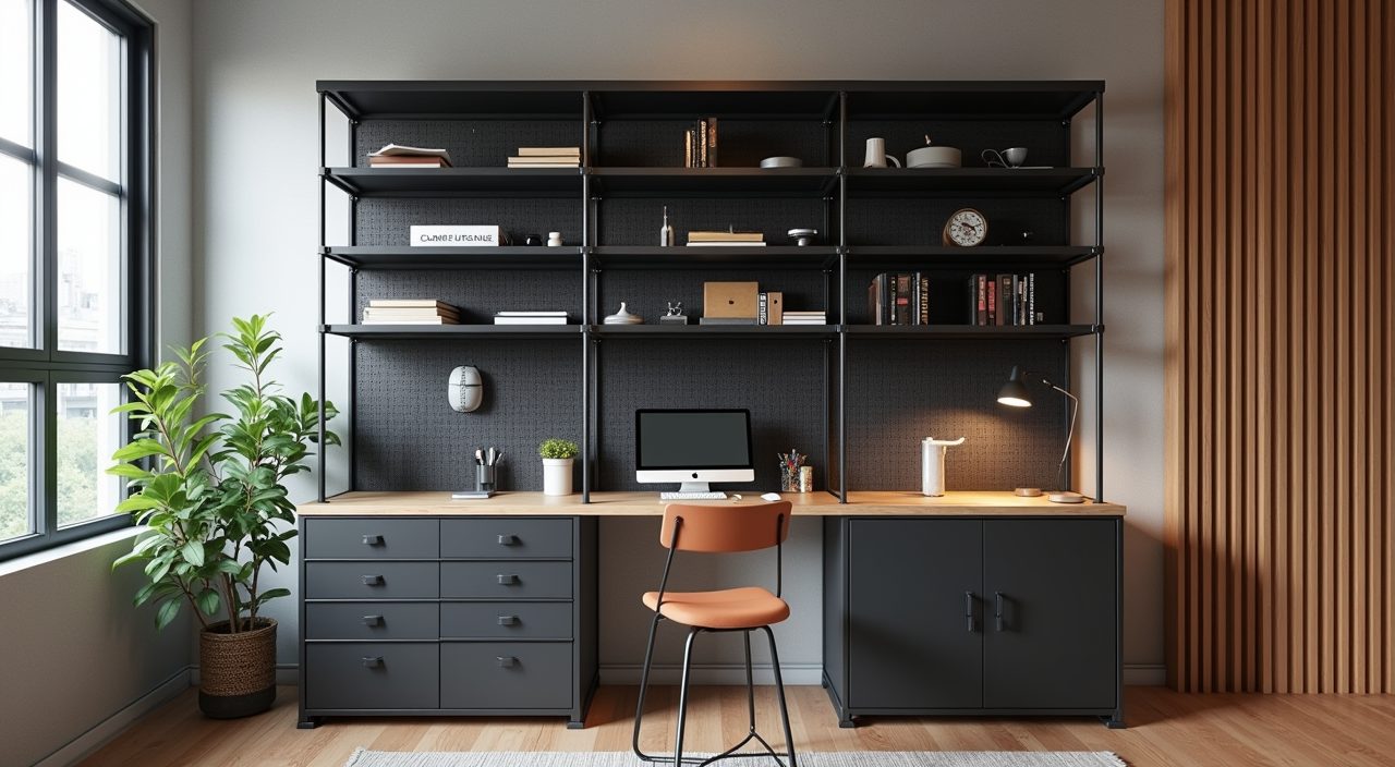 Industrial study room in Singapore with vertical black metal shelving and wall pegboard storage