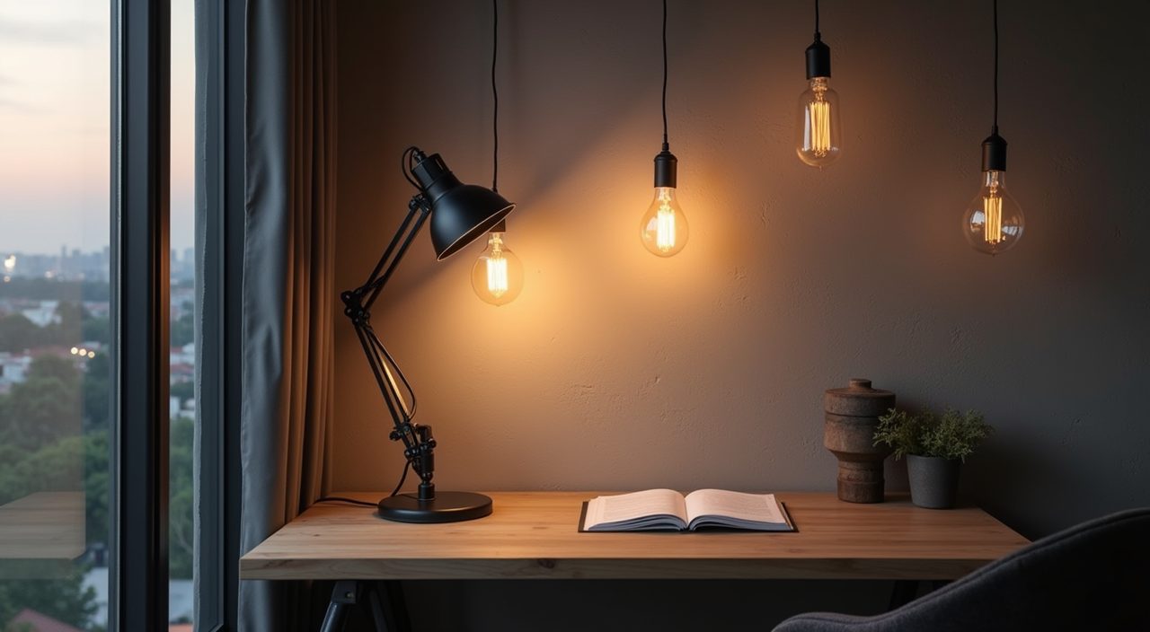 Industrial study room in Singapore with layered lighting, black arm lamp and Edison pendants