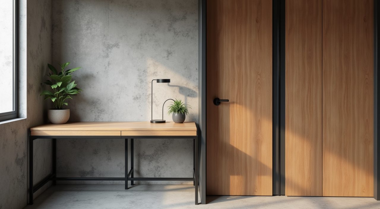 Close up of industrial study room finishes in Singapore, powder-coated metal, micro-cement and wood laminate