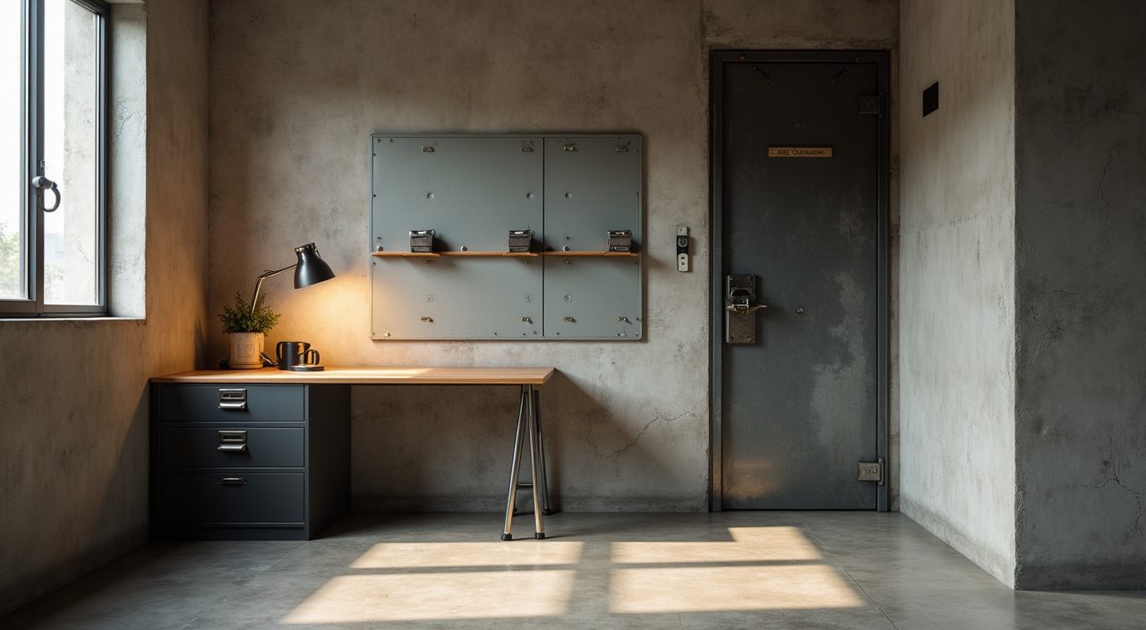 Industrial study nook inside a Singapore HDB bomb shelter with concrete walls, metal door and freestanding desk