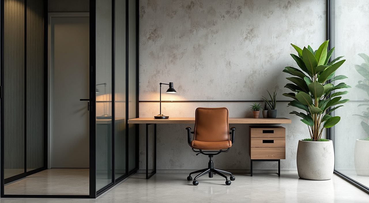 Industrial study room corner in Singapore with black metal glass partition, leather chair and concrete planter