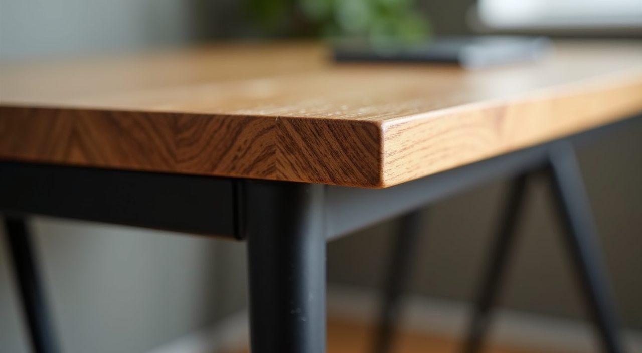 Close up detail of industrial study desk in Singapore, black steel hairpin leg and warm oak wood top