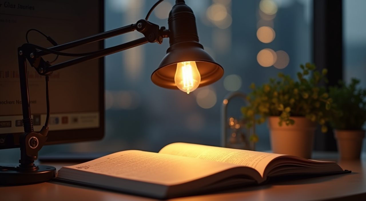 Industrial study room lighting detail in Singapore, black metal arm desk lamp with warm bulb
