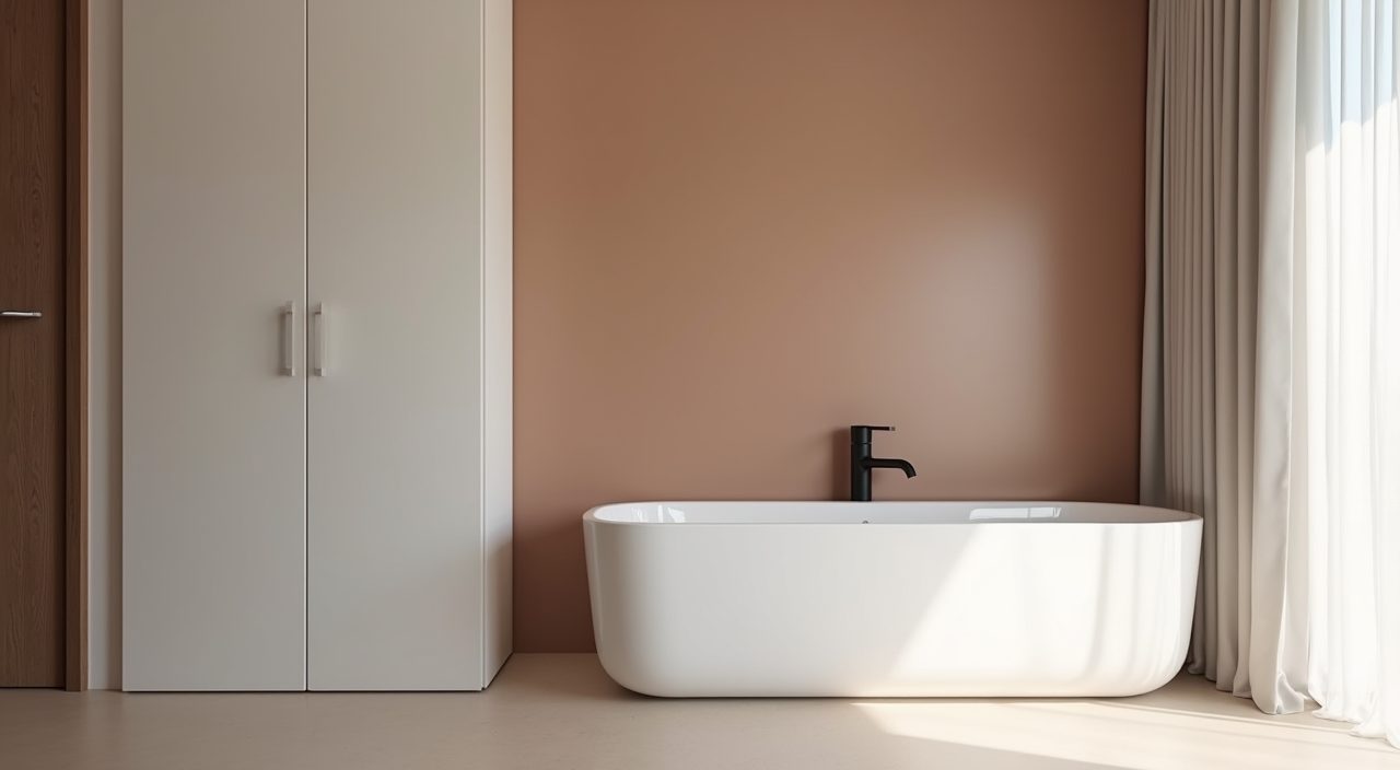 Japandi Singapore bathroom with warm muted earth palette and black tap accent