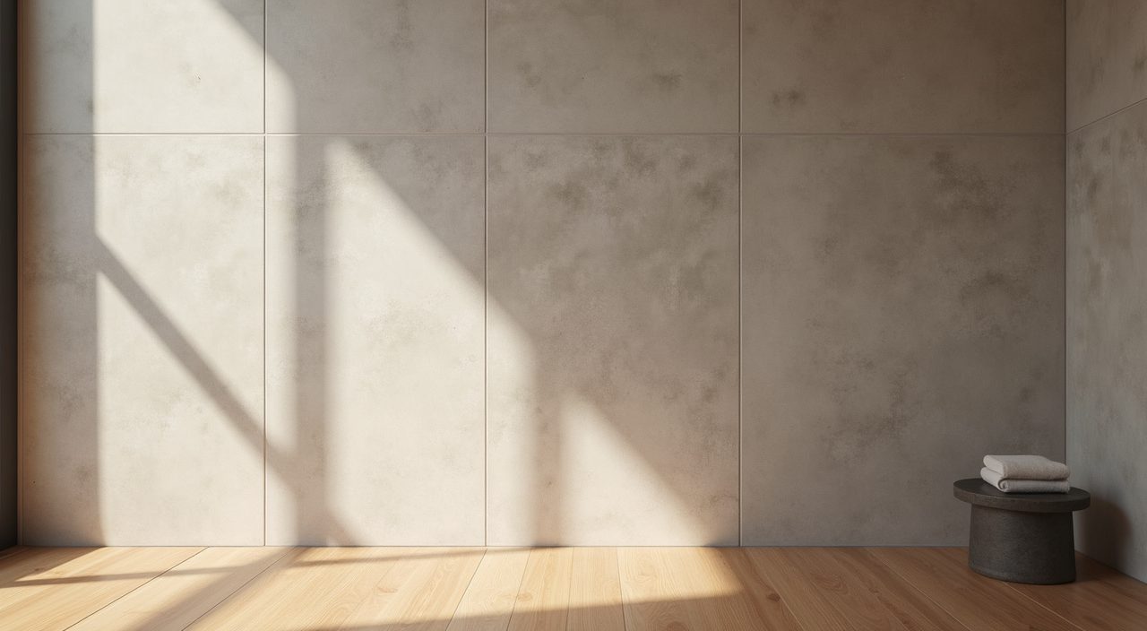 Japandi Singapore bathroom detail of microcement wall and wood-look porcelain tile