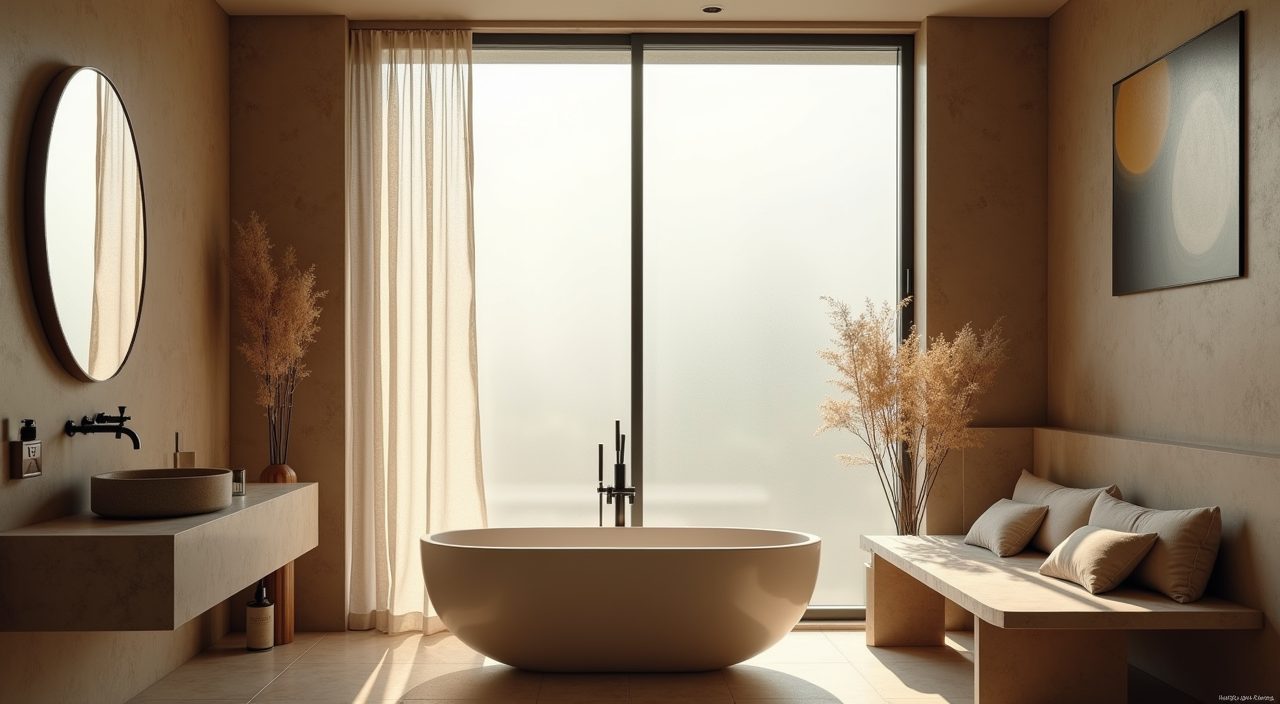 Japandi Singapore bathroom frosted window with soft tropical daylight mood shot