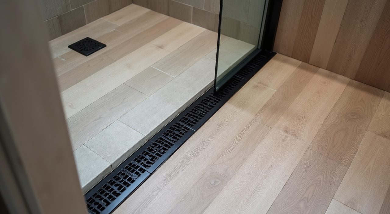 Japandi Singapore bathroom flush matte black linear channel drain detail