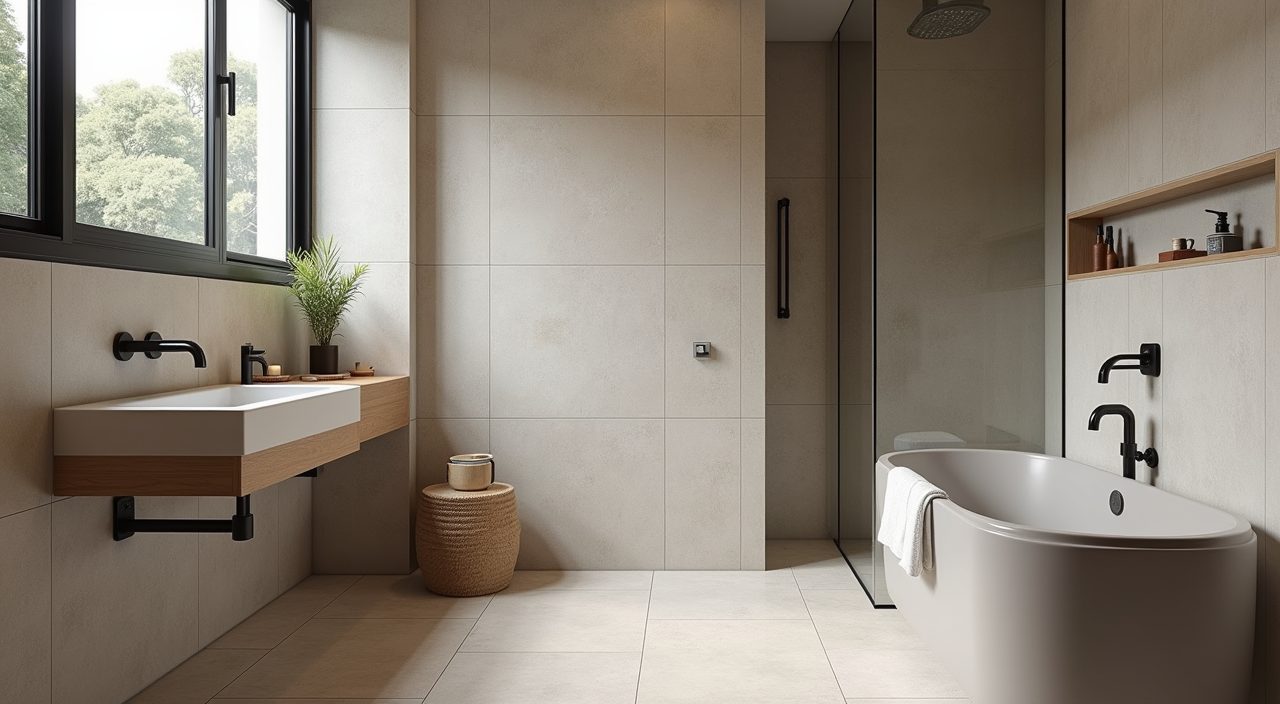 Japandi Singapore bathroom with large-format honed tiles and minimal grout lines