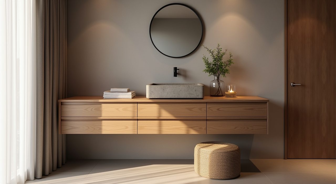 Japandi Singapore bathroom floating wood-look vanity with hidden handle-free storage