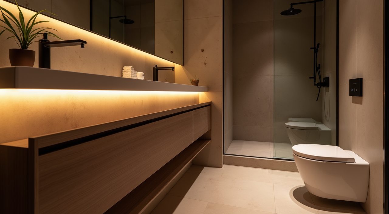 Japandi Singapore bathroom layered warm lighting with hidden LED strip under vanity