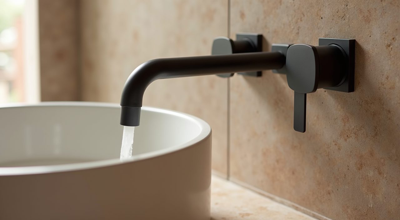 Japandi Singapore bathroom matte black tap and bronze hardware detail