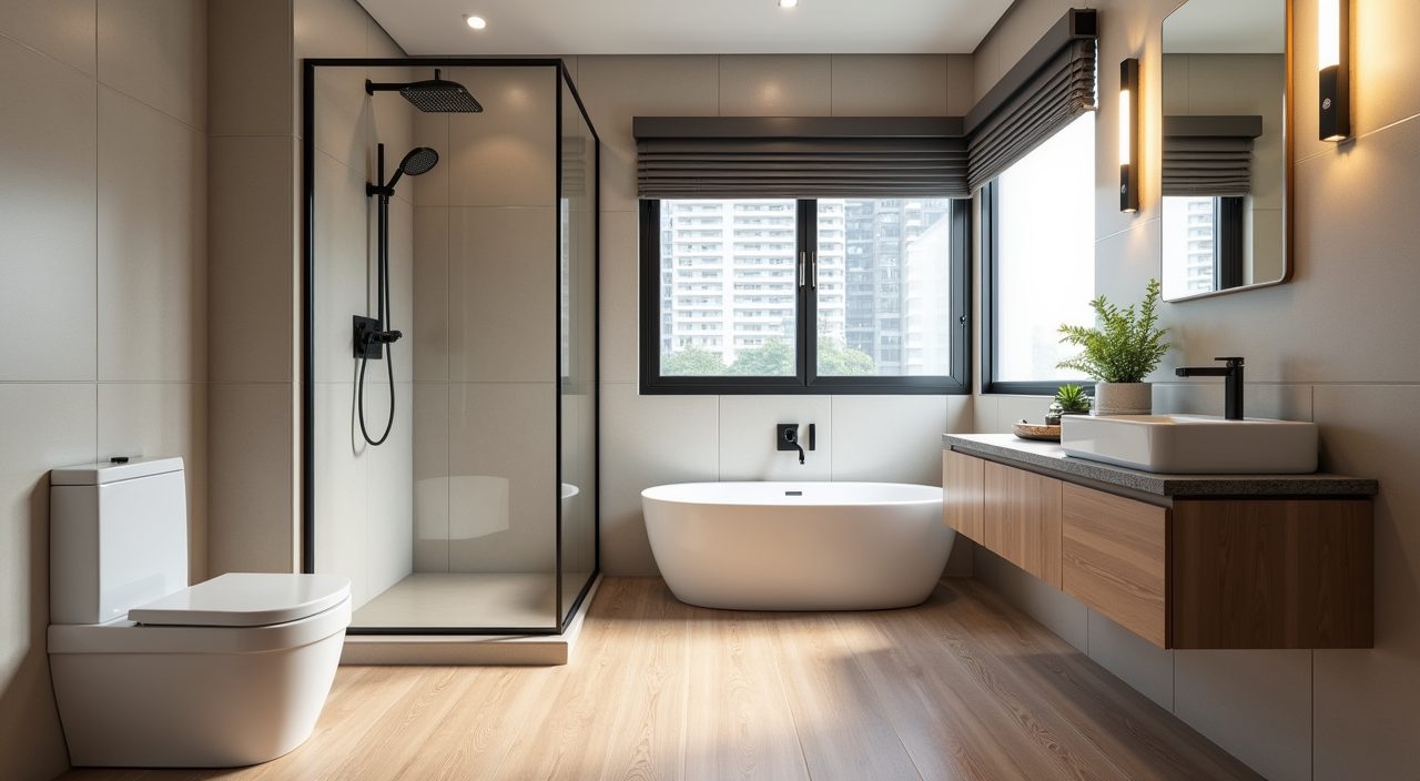 Japandi Singapore bathroom wet and dry separation with slim black-framed glass screen