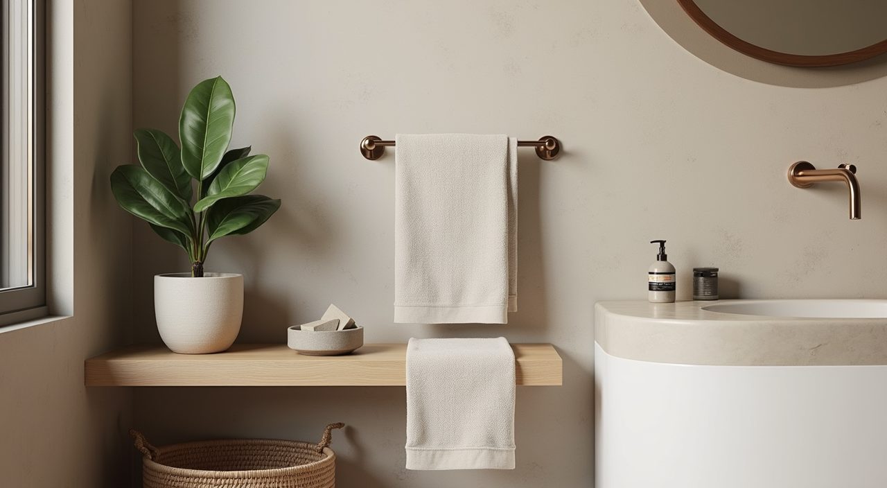 Japandi Singapore bathroom corner with pothos plant, linen towel and natural texture