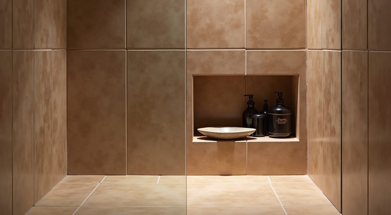 Japandi Singapore bathroom recessed tiled shower niche detail