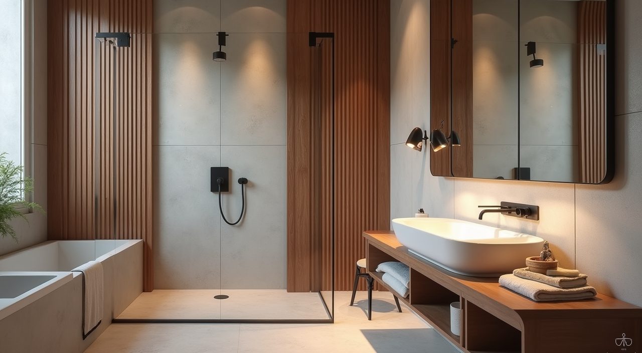 Japandi Singapore bathroom teak duckboard and slatted timber accent detail
