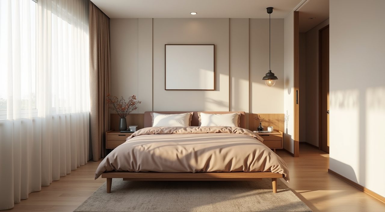 Japandi bedroom with warm muted greige and clay palette in a Singapore HDB flat