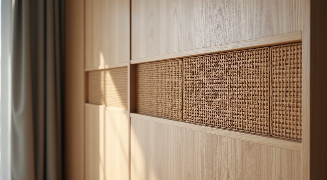 Close up of humidity friendly matte laminate and rattan cane materials in a Japandi bedroom