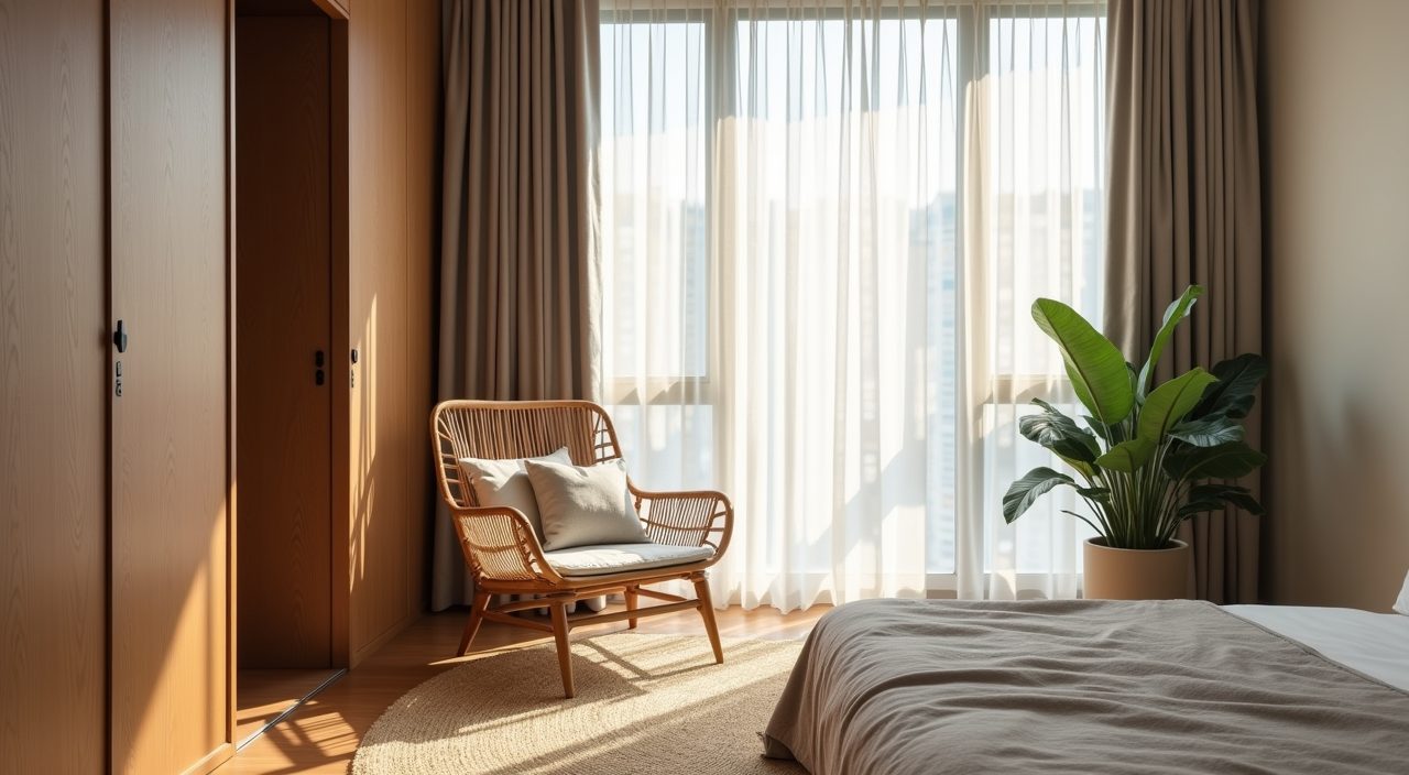 Japandi reading nook corner with rattan chair and greenery in a Singapore condo bedroom