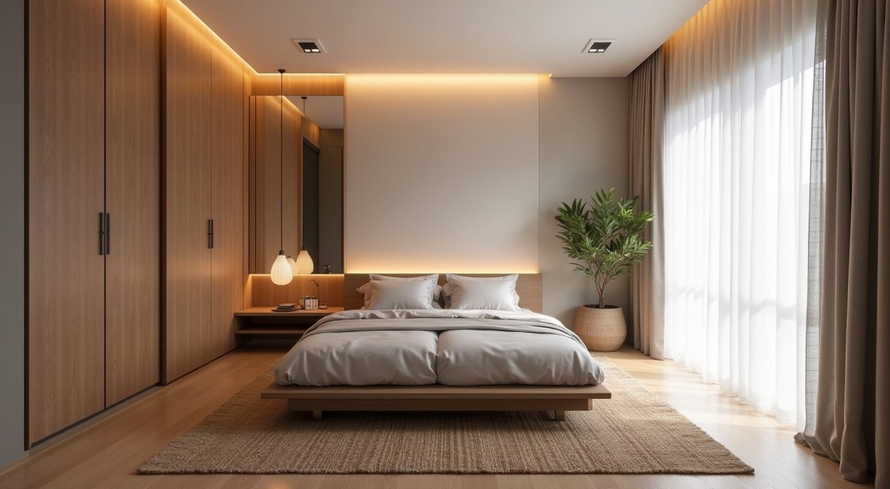Wide overview of a complete Japandi bedroom design in a modern Singapore apartment