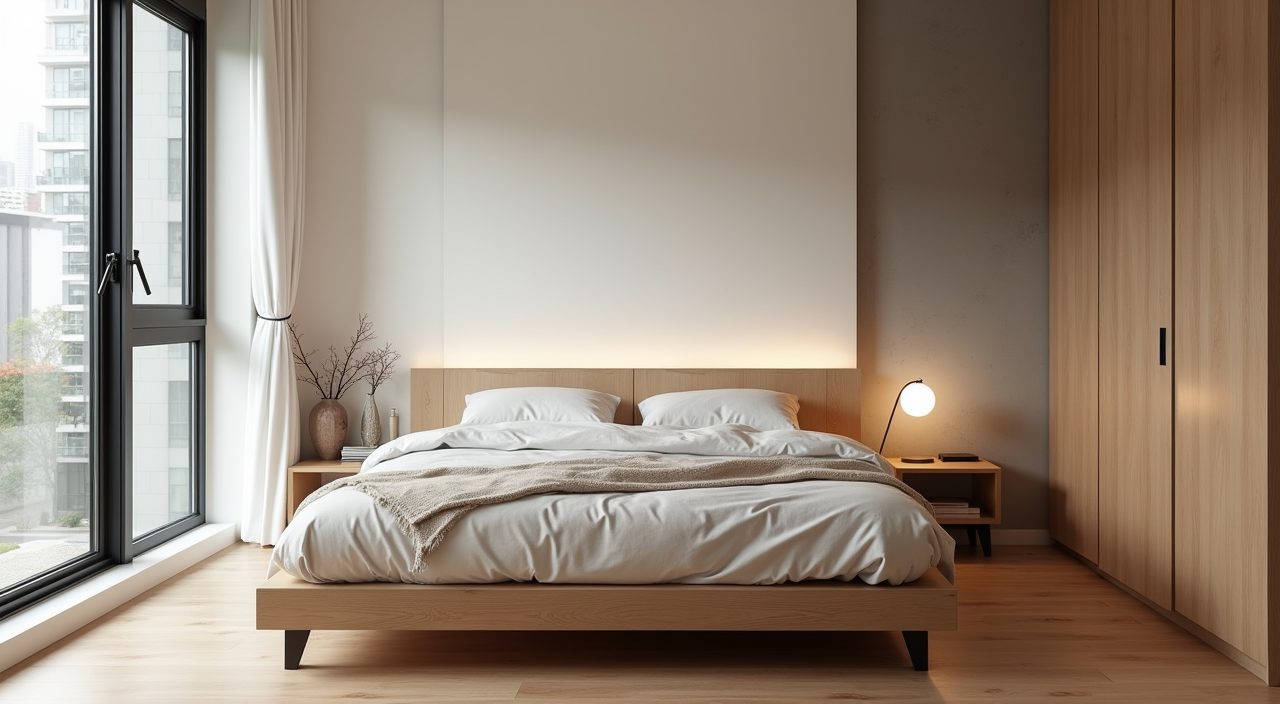 Low horizontal platform bed in a compact Japandi bedroom in a Singapore apartment