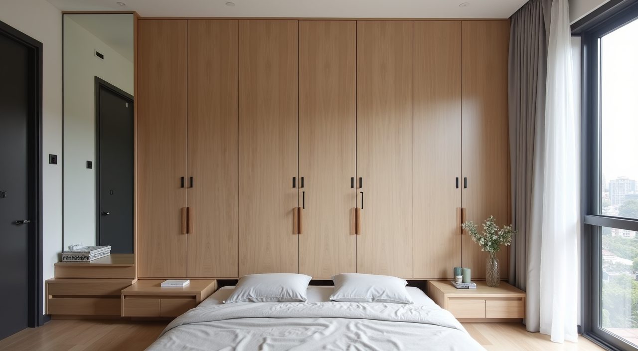Full height handleless built in wardrobe storage in a Japandi Singapore bedroom