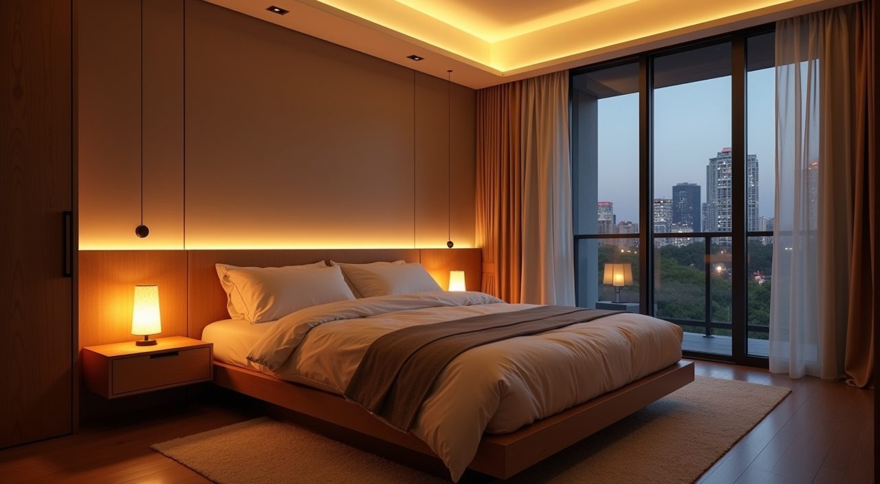 Warm layered bedside and headboard lighting in a Japandi Singapore bedroom at dusk
