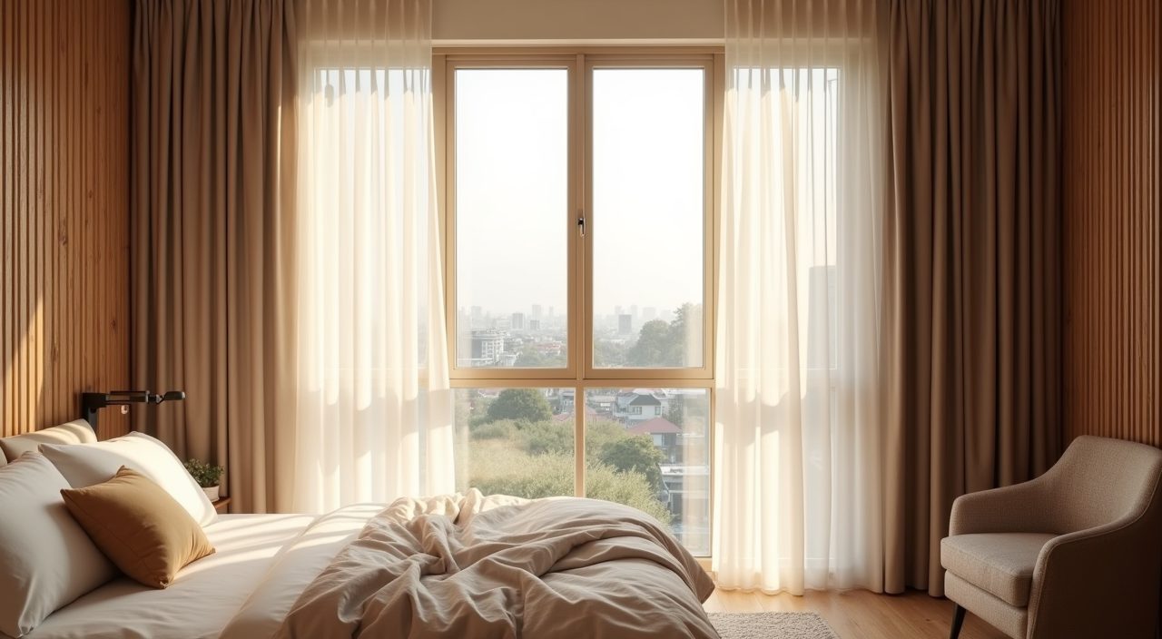 Linen sheers and fluted timber screen filtering tropical light in a Japandi Singapore bedroom