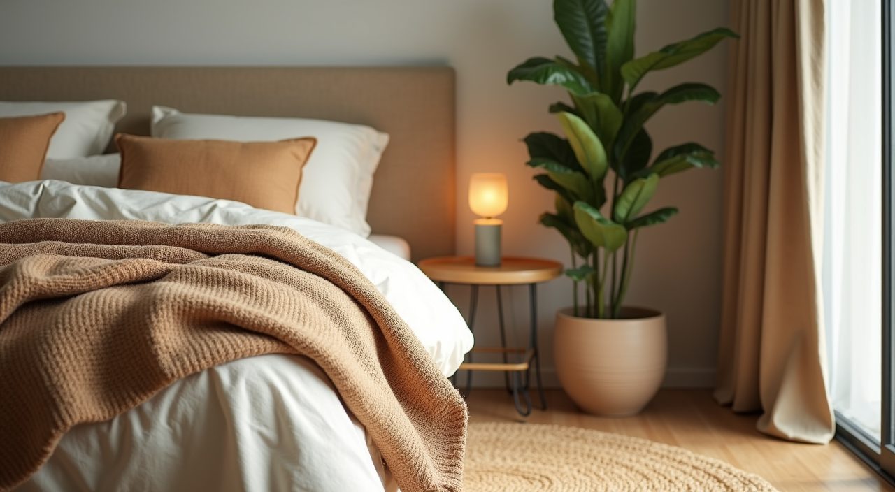 Textured throw, jute rug, and snake plant greenery in a Japandi Singapore bedroom corner