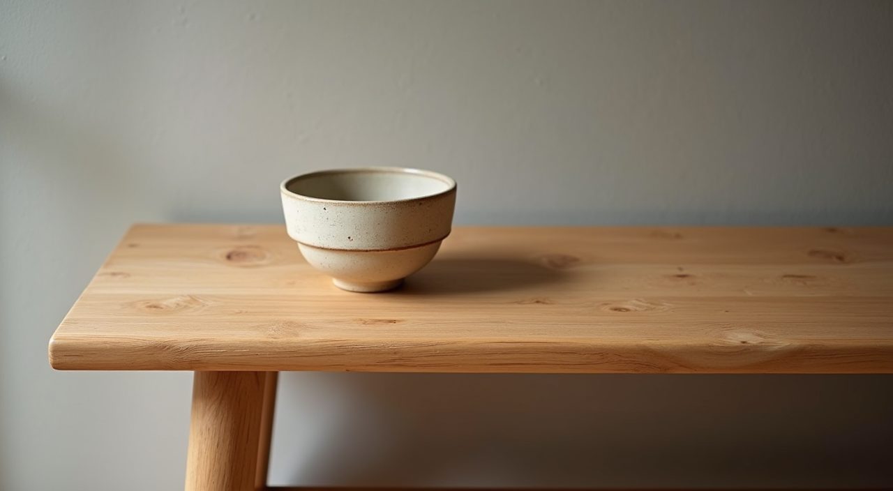 Wabi sabi wood bench and handmade ceramic detail in a Japandi Singapore bedroom