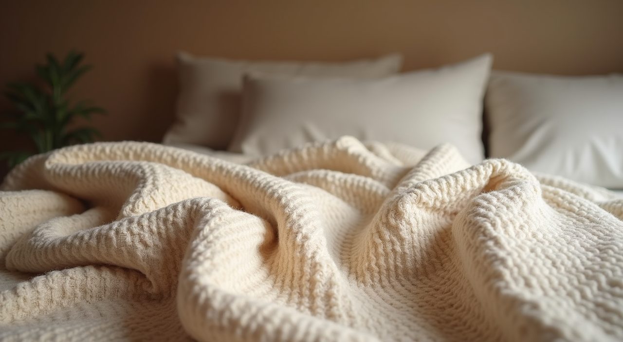 Close up of warm neutral linen bedding and oatmeal throw texture in a Japandi bedroom