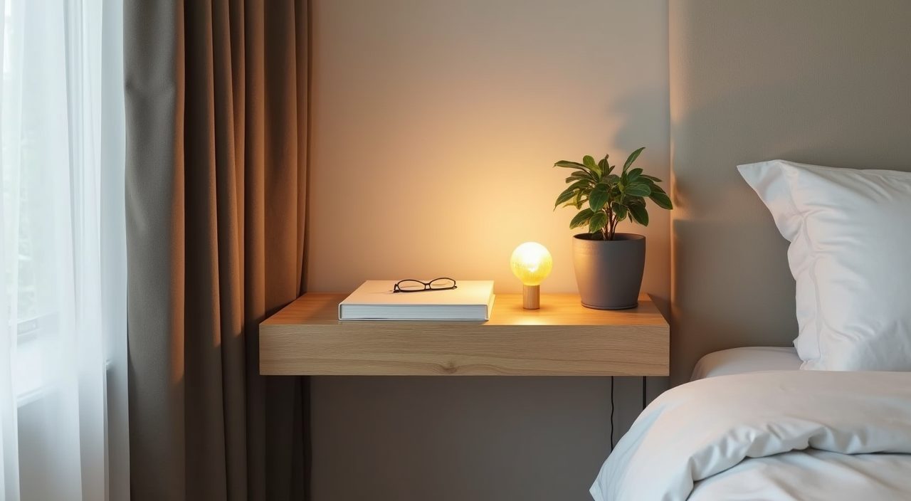 Wall mounted oak ledge nightstand detail in a Japandi Singapore bedroom