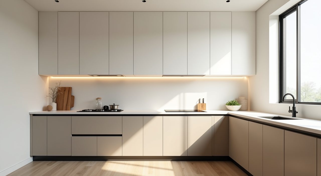 Japandi kitchen in a Singapore HDB flat with warm neutral cabinets and a charcoal accent run