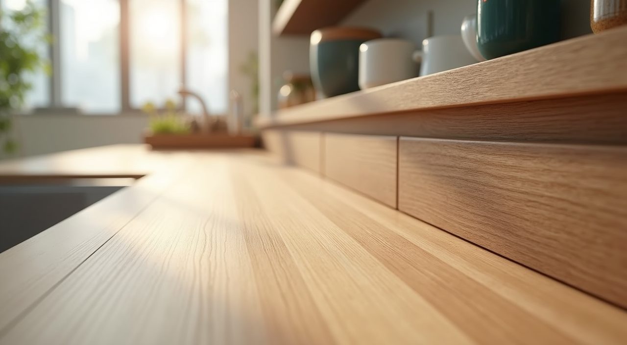 Close up of light oak wood-look laminate cabinet fronts in a Japandi Singapore kitchen